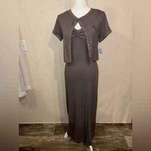 wild fable Taupe Ribbed Maxi Dress with Cropped Button Cardigan